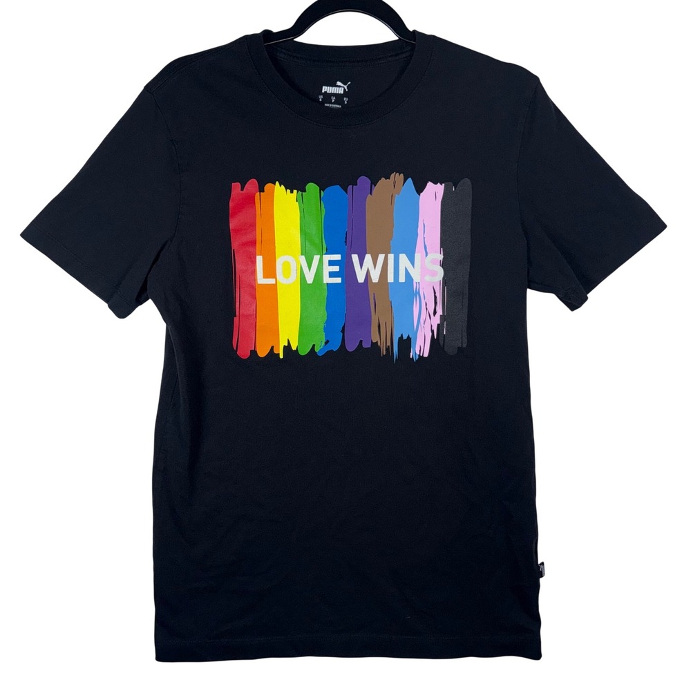 Puma T-Shirt Women Small Black Love Wins Pride Rainbow Graphic Tee Streetwear